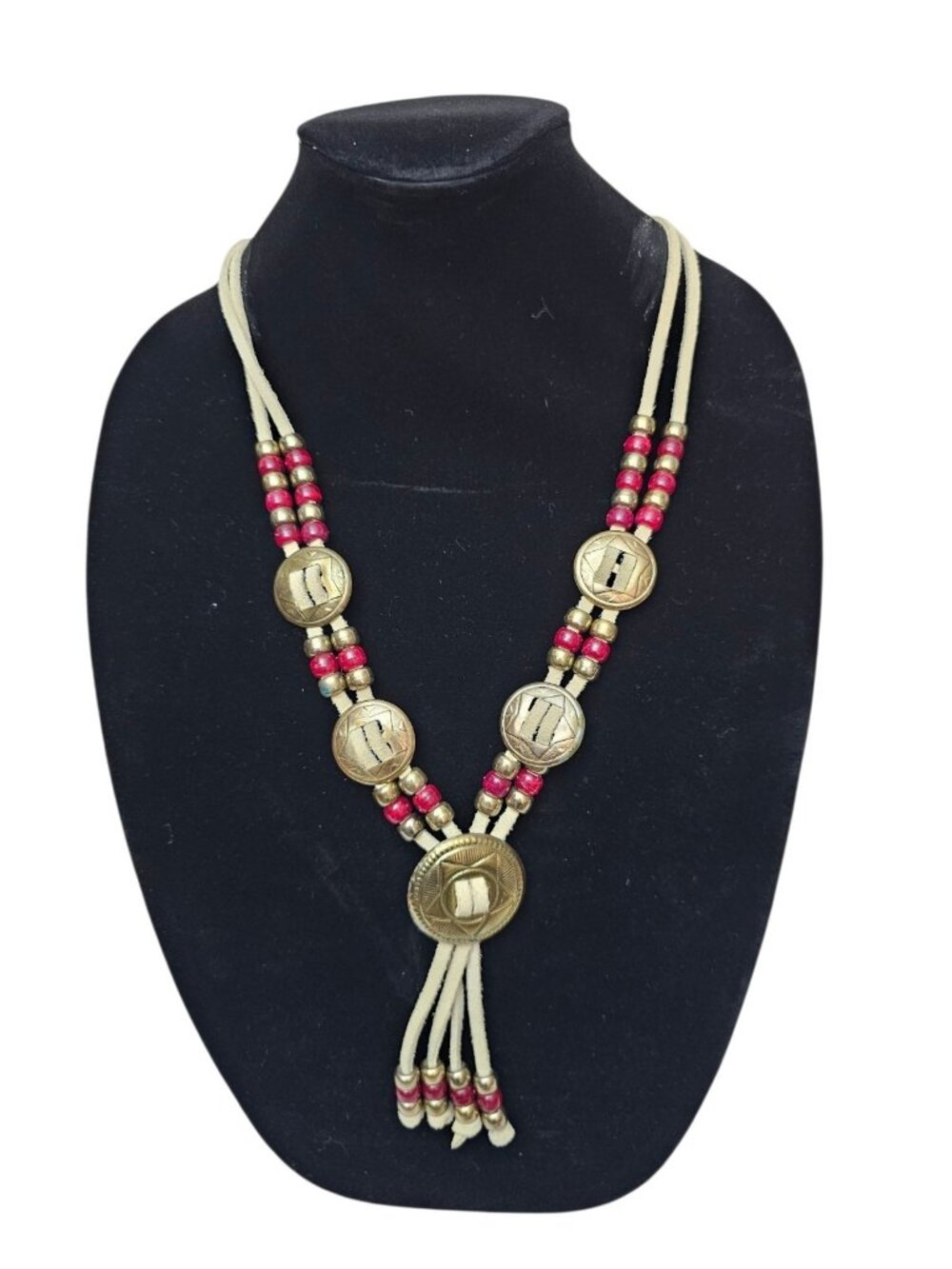 Vintage Style Southwestern Necklace Red Beads Brass Tone Medallion Boho Tassel